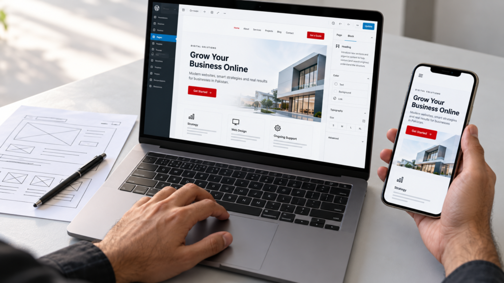 WordPress page editor on a laptop beside a matching mobile website preview and paper wireframe.